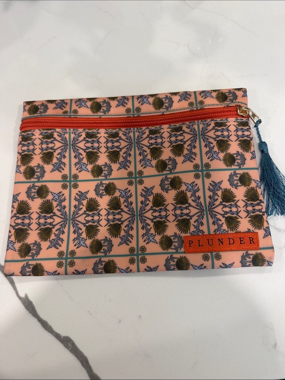 Plunder Peach-Pink Floral Zip Cosmetic Pouch with Blue Tassel